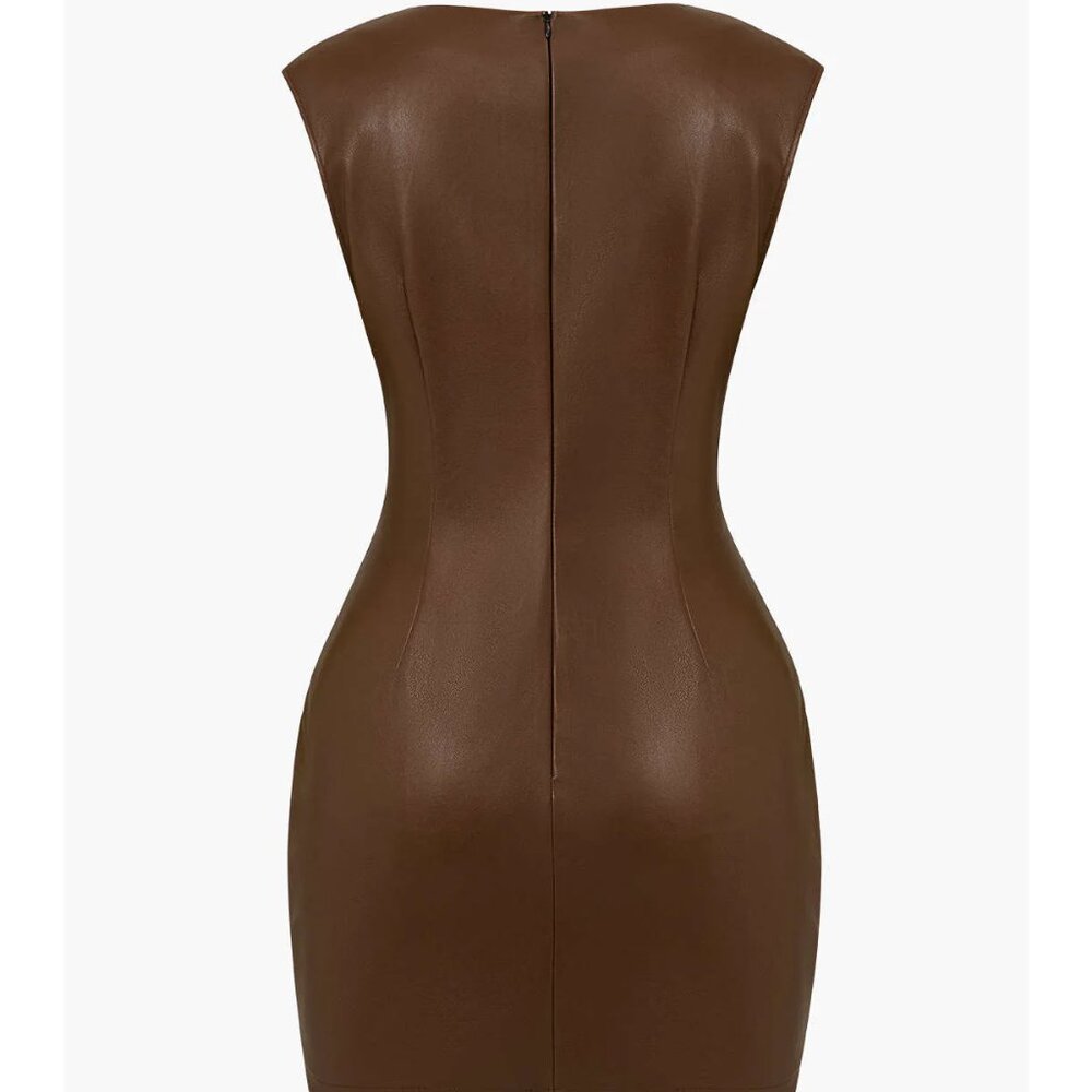 Micas Ruched Faux Leather V-Neck Bodycon Mini Dress Brown Size M - Picture 2 of 15